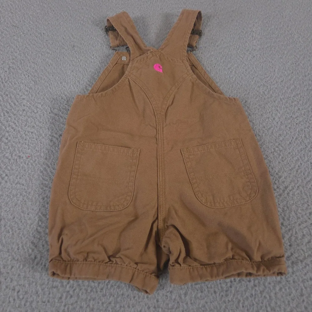Carhartt Overalls Girls 18M Brown Canvas Bib Shortall Ruffle Trim Heart Buttons